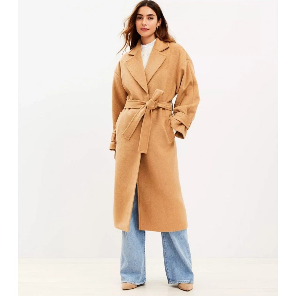Ann Taylor Women Wrap Coat XL Camel Tan Belted Wool Blend Notched Lapel